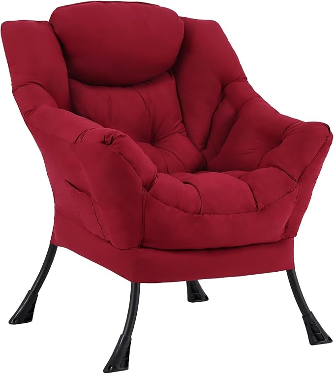 Lazy Chair for Living Room, Modern Accent Chairs with Armrests, Comfy Lounge Chair with Side Pocket, Cozy Lazy Sofa for Reading, Balcony, Bedroom, Dorm, Small Spaces (Burgundy)