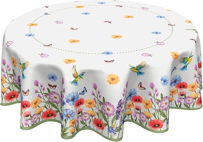 Kawani Spring Summer Wildflower Watercolor Flowers & Butterfly 60"Round Polyester Tablecloth for Home Kitchen Dining Room Picnic Outdoor Party Table Decor