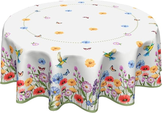 Kawani Spring Summer Wildflower Watercolor Flowers & Butterfly 60"Round Polyester Tablecloth for Home Kitchen Dining Room Picnic Outdoor Party Table Decor