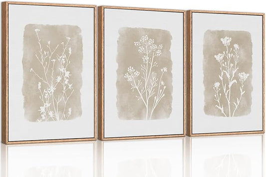 CHDITB Neutral Botanical Wall Art Set of 3, 24"x36" Large Framed Boho Farmhouse Wall Decor, Modern Minimalist Floral Wall Painting, Rustic Wildflower Canvas Art Prints for Living Room, Bedroom