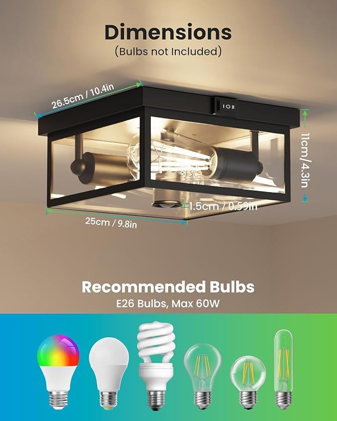 Outdoor Ceiling Light with Motion Sensor, Flush Mount Porch Light, Exterior Light Fixture with Clear Glass, Dusk to Dawn 2-Light Fixture for Patio,Porch (10.5 in)