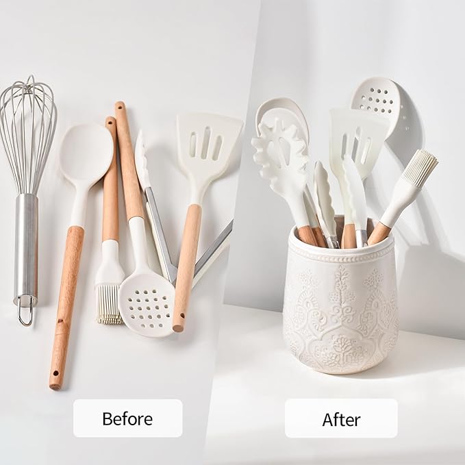 Utensil Holder, Large Kitchen Utensil Holder for Counter, 6.7”Ceramic Cooking Utensils Holder, Kitchen Decor for Counter (White)