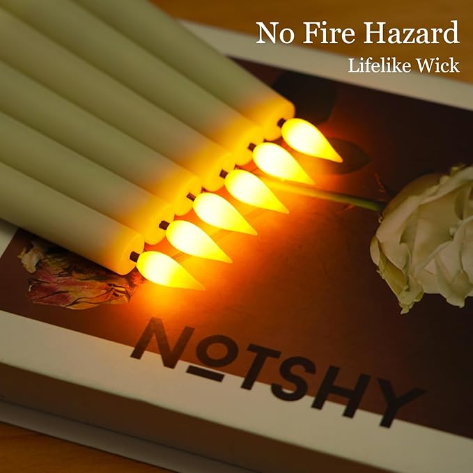 Homemory 6 Pcs Waxy Flameless Taper Candles with Remote, Flickering Battery Operated Candlesticks, Led Fake Candles Tall Candle for Home, Wedding, Party, Ivory, 9.6 inches