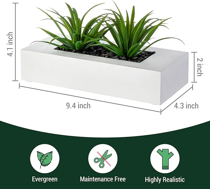 MyGift 10 Inch Artificial Grass Fake Plants in White Rectangular Wood Planter - Faux Plants Indoor for Tabletop Centerpiece Décor