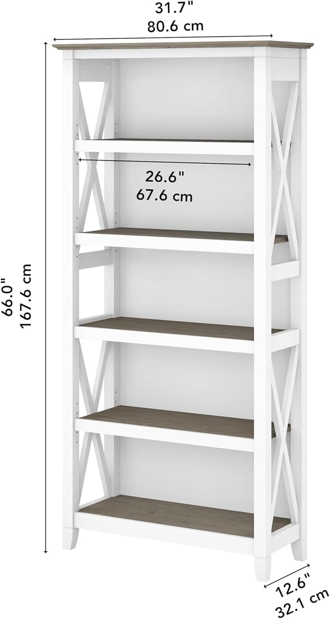 Bush Furniture Tall 5 Shelf Bookcase for Living Room or Home Office, Large Bookshelf, Modern Farmhouse Style, Key West Collection, Pure White and Shiplap Gray