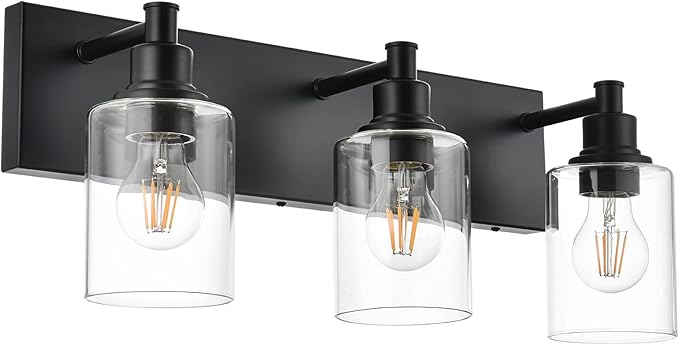 Industrial Wall Sconce Lighting in Matte Black Finish, 3-Light Bathroom Vanity Light Fixtures with Clear Glass Shades (E26 Bulb Base)