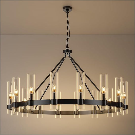 48 Inch Black Wagon Wheel Chandelier with Glass Shade, 16 Lights, Modern Farmhouse Style, Ideal for Dining Room, Kitchen, Entryways