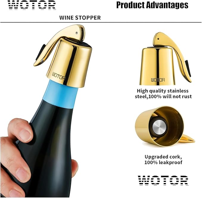 Stainless Steel Wine Bottle Stoppers with Silicone - Reusable Wine Saver and Decorative Bottle Sealer, Leakproof, Keep Fresh, Gold, 2 Pack
