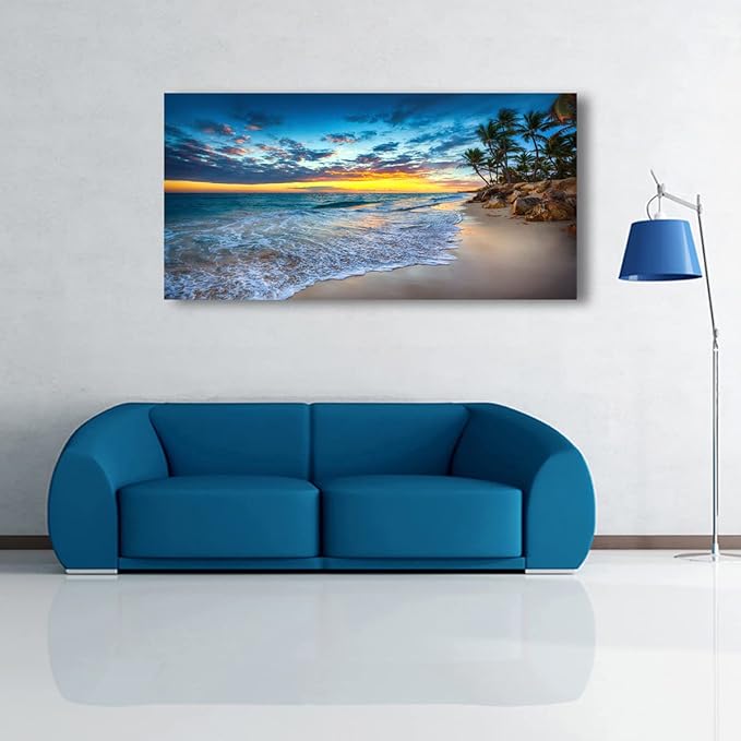 Beach Sunset Pictures Canvas Wall Art For Living Room Bedroom Wall Decor,Sunset Wall Art Print Paitnings for Home Decor,Morden Artwork Palm Coconut Tree Canvas Art Ready to Hang-24x48 Inches