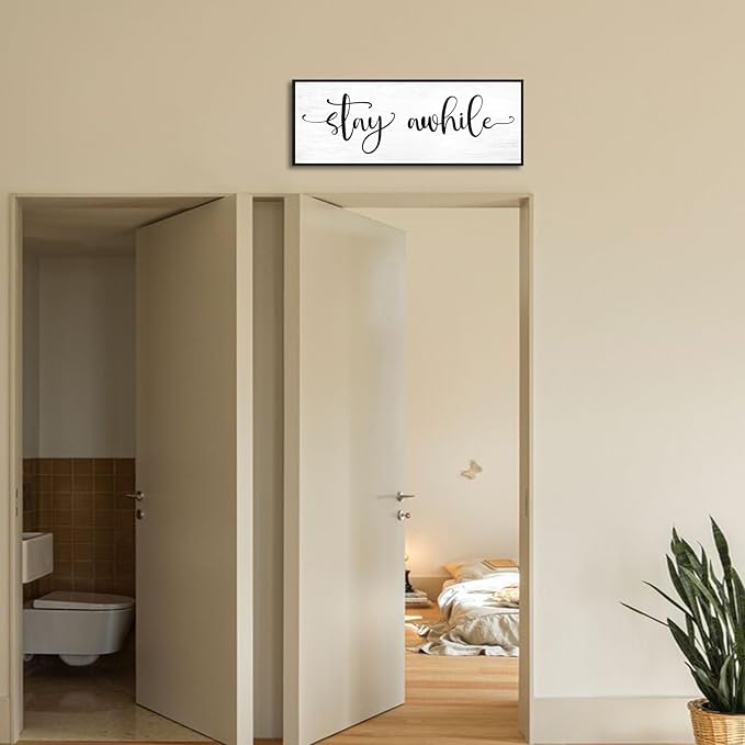 Stay Awhile Sign Wall Decor: 32''×12'' Farmhouse Wall Art Rustic Canvas Print Wall Signs, Large Black Framed Hanging Plaque Home Decor for Kitchen Dining Room Living Room Hallway Entryway