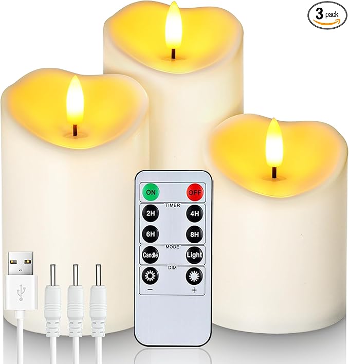 Homemory Rechargeable Flameless Candles, LED Candles, Battery Operated Candles with Remote and Timers, Outdoor Waterproof, Long Lasting, Set of 3