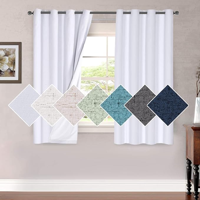 H.VERSAILTEX 100% Blackout Curtains for Bedroom 63 Inches Long Grommet Linen Face Full Light Blocking Curtain Drapes for Living Room Thermal Insulated Linen Look Curtains 2 Panels Set, Bright White