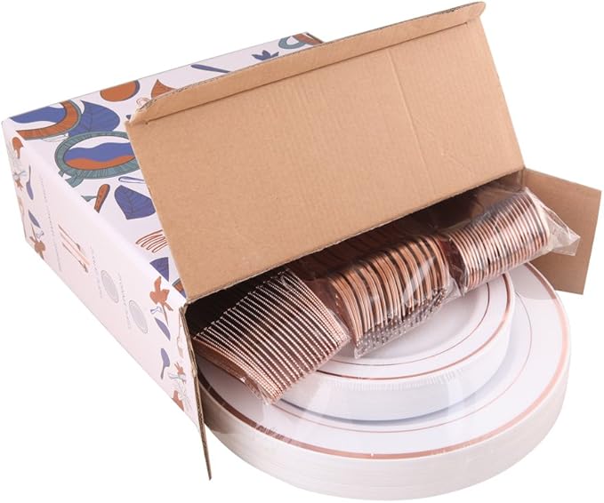 WDF-125PCS Rose Gold Plastic Silverware&Disposable Plastic Plates - Disposable Plates include 25 Dinner Plate,25 Salad Plate,25 Forks, 25 Knives, 25 Spoons for Wedding, Party