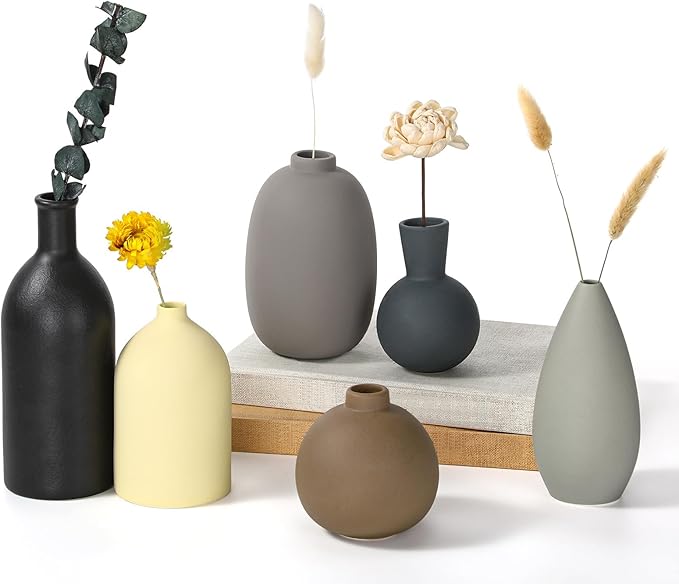 Ceramic Vase Set of 6 Small Modern Pottery Vase for Bouquet Home Decoration Rustic Farmhouse Decoration for Living Room Shelf Bookshelf(Cool Color)