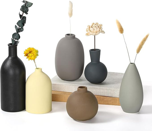 Ceramic Vase Set of 6 Small Modern Pottery Vase for Bouquet Home Decoration Rustic Farmhouse Decoration for Living Room Shelf Bookshelf(Cool Color)