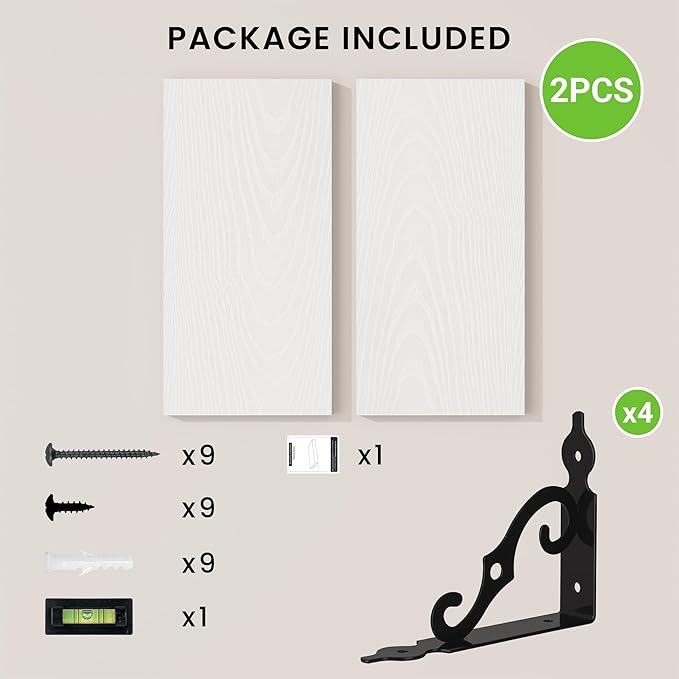 RICHFOCUS Floating Shelves for Wall Decor, 8 Inch Deep Wall Shelves Set of 2, 16W x 8D White Floating Shelves Wall Mounted with Metal Brackets, Rustic Wood Shelves for Living Room Bedroom Kitchen