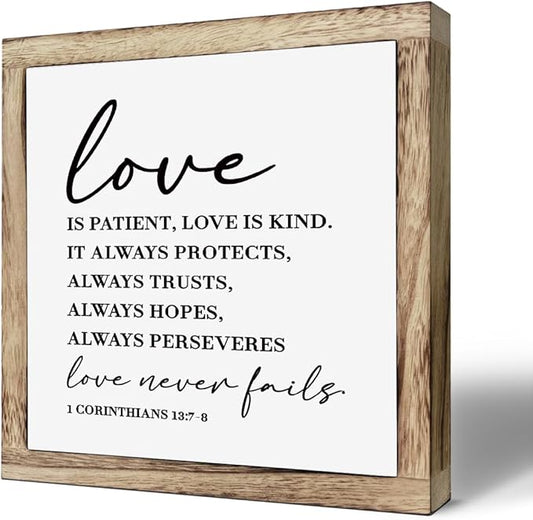 Christian Wood Decor, Master Bedroom Decor, Marriage Gift, Wedding Gift for Couple Wooden Plaques Box Signs 9.8* 9.8, Family Room Decoration, Bible Verse 1 Corinthians 13:7-8 Signs, Love is Patient Signs