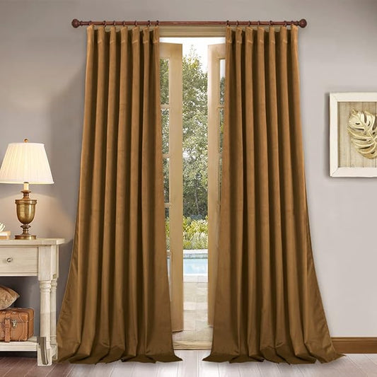 StangH Gold Brown Velvet Blackout Curtains 96 inches - Back Tab Rod Pocket Thermal Insulated Window Drapes for Bedroom, Privacy Protect Room Dividers for Nursery Room, W52 x L96, 2 Panels