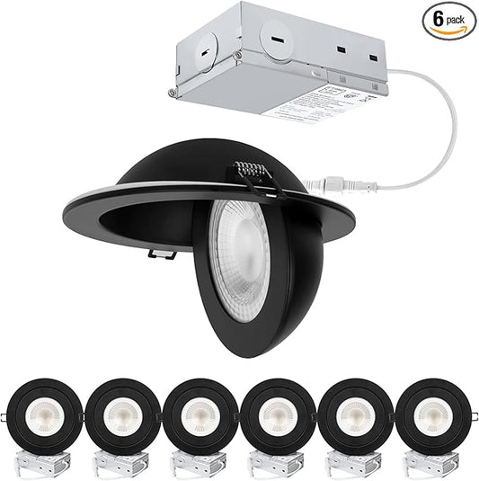 Recessed Lighting 6 inch - 12W Gimbal Light Eyeball Sloped Ceiling Recessed Spotlight 1300lm Black Trim 90° Tilt Swivel Soffit Wafer Lights 5CCT Adjustable Indoor Dimmable Black 6 inch 6 Pack