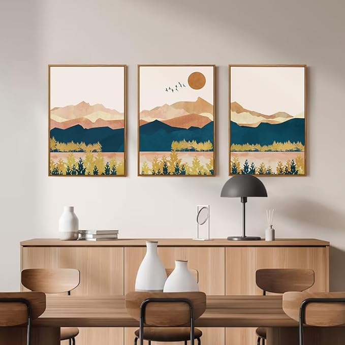 HPINUB Mountain Framed Canvas Wall Art Set, Mid Century Modern Wall Decor, Set of 3 Boho Artwork Nature Art Paintings, Bohemian Art Prints for Living Room, Bedroom, Dining Room, Office-24 x36 x3