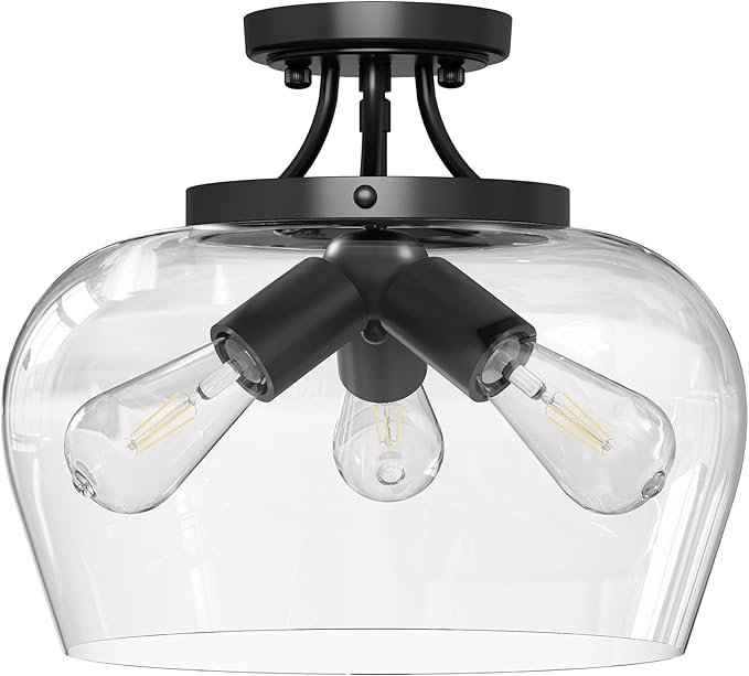 VONLUCE Semi Flush Mount Ceiling Light, 13.8" Ceiling Light Fixture with Clear Glass Shade, E26 Base, 3-Bulb Industrial Lighting Fixture for Dining Room Hallway Entryway Bedroom, Matte Black