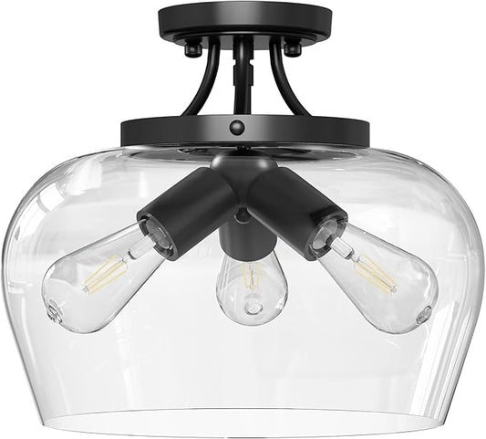 VONLUCE Semi Flush Mount Ceiling Light, 13.8" Ceiling Light Fixture with Clear Glass Shade, E26 Base, 3-Bulb Industrial Lighting Fixture for Dining Room Hallway Entryway Bedroom, Matte Black