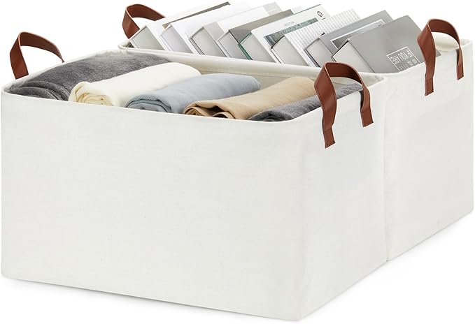 DULLEMELO Large Storage Bins for Towels, Decorative Fabric Storage Baskets Bins for Organizing Bedroom, Closet Organizers and Storage for Clothes, 19" L x 13" W x 11" H, Natural Color, 2-Pack