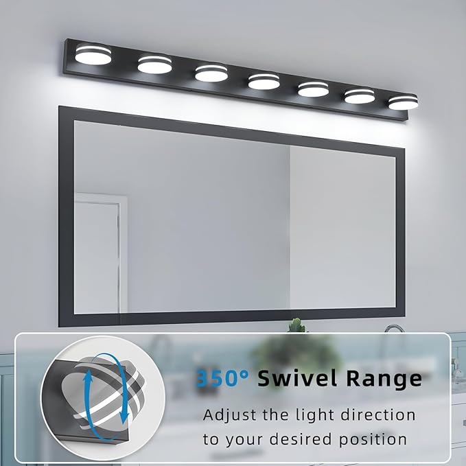 7-Light Bathroom Vanity Light Over Mirror, Matte Black LED Vanity Lighting Fixtures, Modern Bathroom Wall Light Fixtures with 360°Rotating Lamp Head (Cool White 5500K)