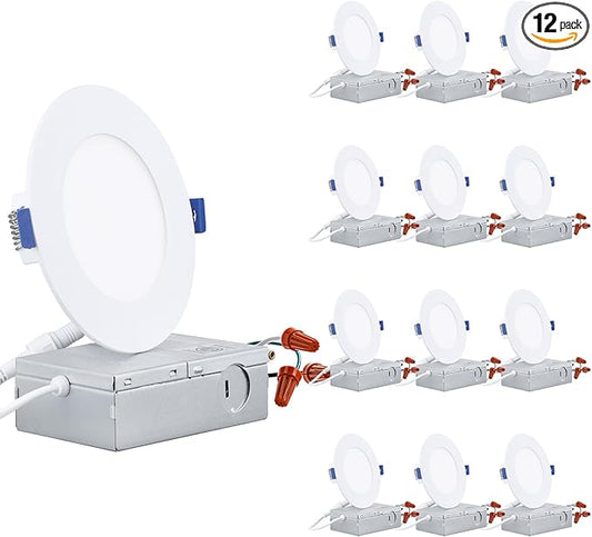 TORCHSTAR Basic Series 12-Pack 4 Inch Ultra-Thin LED Recessed Lighting with Junction Box, CRI90, Aluminum, 3000K Warm White, 5%-100% Dimmable Slim Recessed Downlight, 9W 800LM, ETL and Energy Star