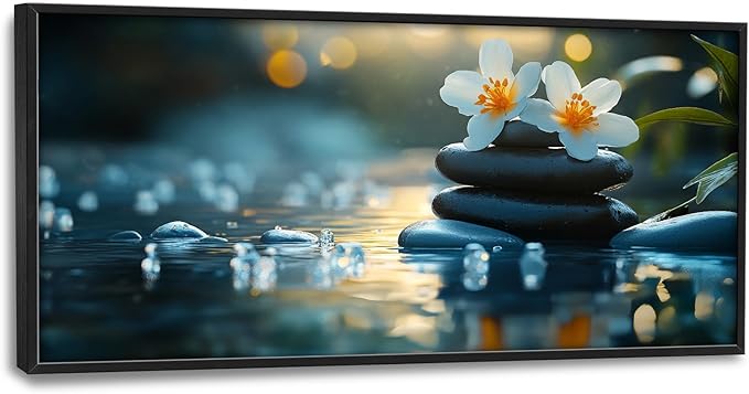 Zen Framed Wall Art for Living Room, Large Lotus Canvas Wall Decor, Stones in Water Landscape Pictures Painting, Modern Artwork for Spa Bathroom Bedroom 60L'' × 30W''
