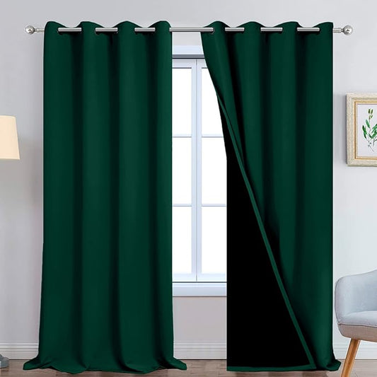 Yakamok 108 Inch Length 100% Blackout Window Curtain Panels, Full Light Blocking Drapes with Black Liner Thermal Insulated Drapes for Bedroom(52Wx108L,Dark Green, 2 Panels)