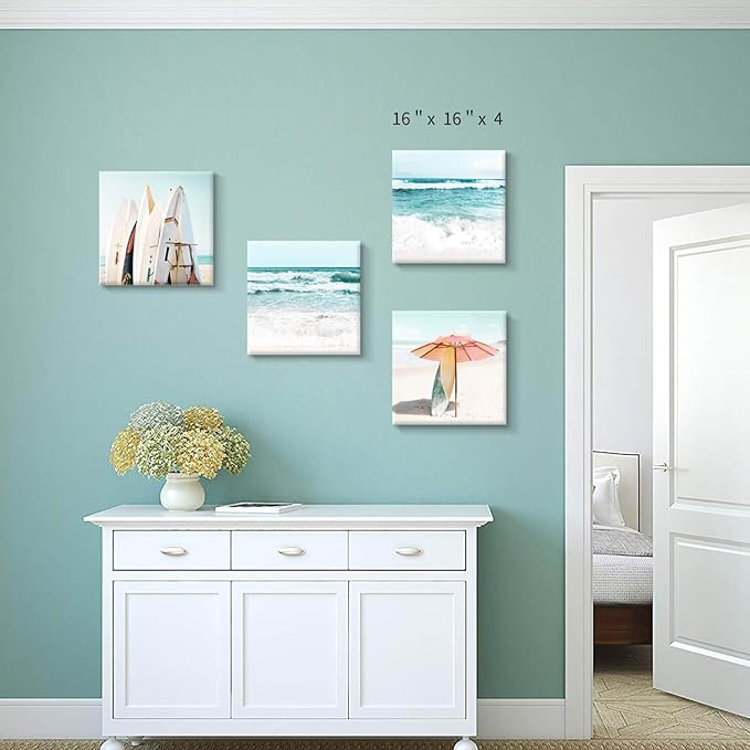 Beach Canvas Wall Art Painting: Summer Surfboard and Umbrella on Beach Picture Print for Living Room (16'' x 16'' x 4 Panels)