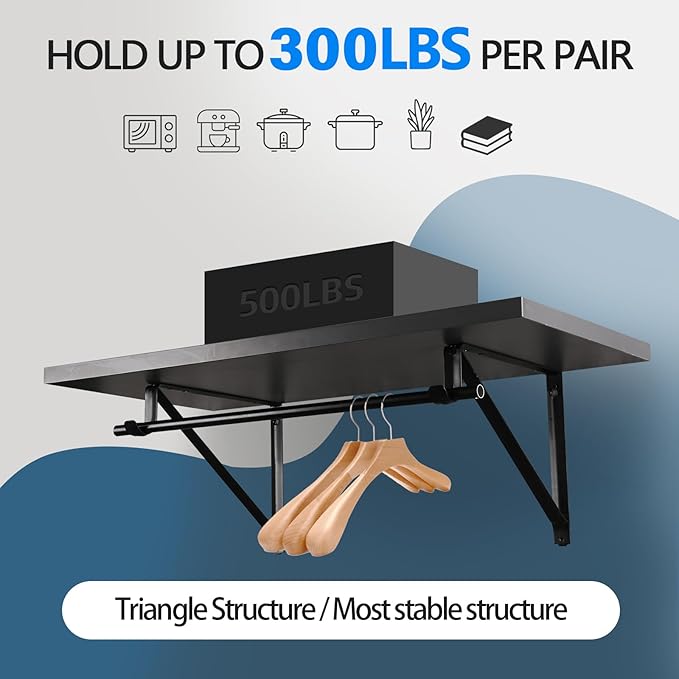 HOME MASTER HARDWARE Heavy Duty Closet Shelf Rod Brackets, Wall Mounted Closet Shelves Bracket with Rod Shelving Support, Black with Screws 4 Pack