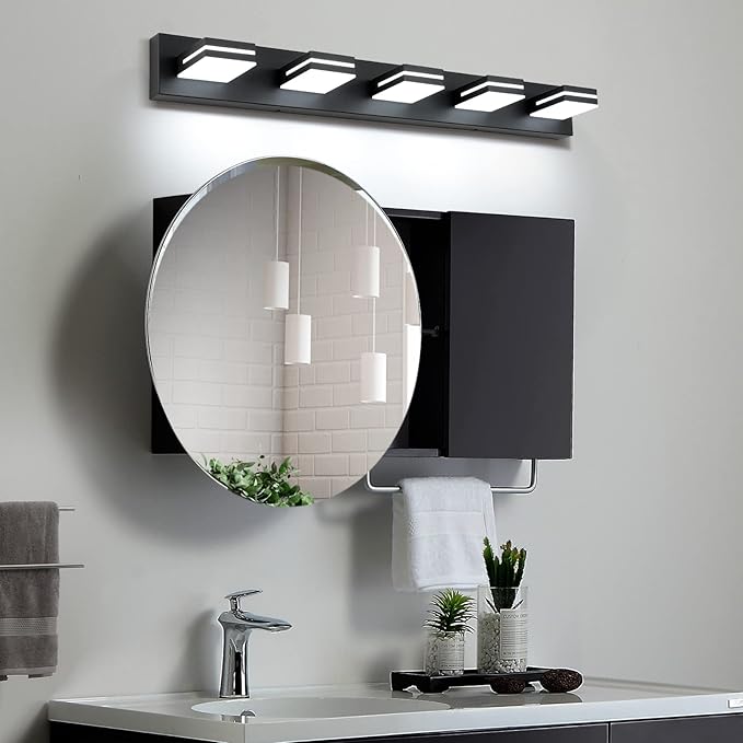 SineRise LED Modern Bathroom Vanity Light Fixtures (5-Light, 40-Inch, Dimmable), Matte Black Modern Acrylic Bathroom Wall Lighting Fixtures Over Mirror (Cool White 6000K)