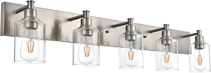 5-Light Vanity Light Fixture in Brushed Nickel, Clear Glass Bathroom Light Over Mirror, Modern Wall Sconce Lighting for Living Room
