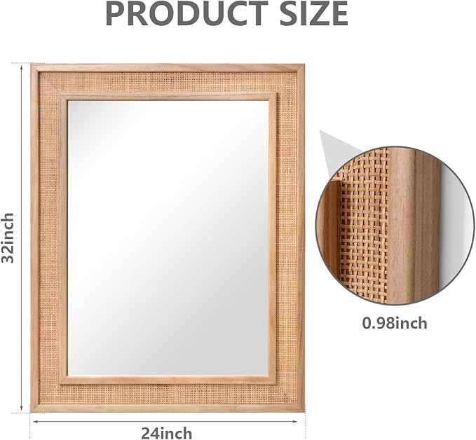 Rattan Wall Mounted Mirror 24"x32" Wood Framed Farmhouse Hanging Bathroom Mirror Decorative Rectangle Wall Mirror Leaning Against for Bedroom Living Room