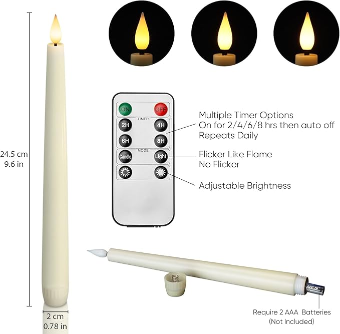 Homemory 6 Pcs Waxy Flameless Taper Candles with Remote, Flickering Battery Operated Candlesticks, Led Fake Candles Tall Candle for Home, Wedding, Party, Ivory, 9.6 inches