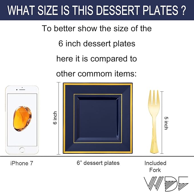 WDF 200PCS Blue Plastic Dessert Plates with Plastic Forks -6’’ 100 Square Disposable Appetizer Plates Small Cake Plates with Gold&100 Navy Blue Small Appetizer Forks