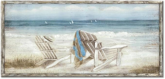 Coastal Abstract Seascape Canvas Wall Art Beach Chair on Sand Painting Artwork Print for Bedroom Living Room(60"*30")