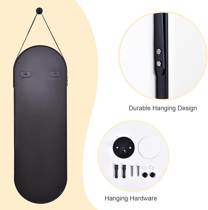 16"x48" Oval Full Length Mirror with Leather Strap Hanging Mirror with Aluminum Frame, Oval Wall-Mounted Mirrors for Living Room Bedroom Entryway Décor, Black