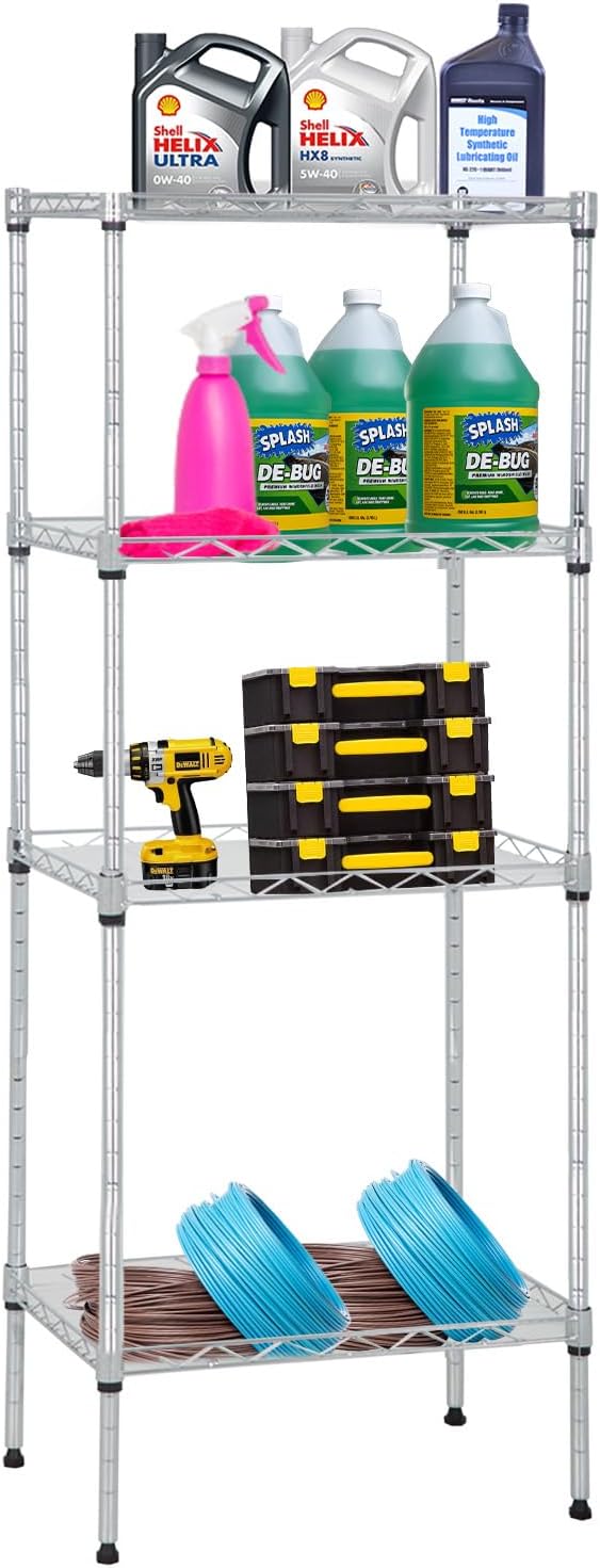 PayLessHere | 4-Tier Wire Shelf | 18"x12"x44" | Chrome | Adjustable Racks | Heavy-Duty Storage Shelves, Holds Upto 600 lbs | Rust-Resistant, No-Tool Assembly | for Home, Garage Shelving