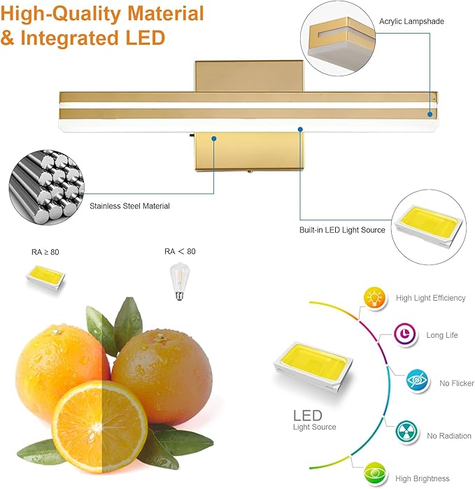 SineRise LED Modern Bathroom Vanity Light Fixtures (16-Inch, 3000K/4000K/6000K, Dimmable), Gold Modern Acrylic Bathroom Wall Lighting Fixtures Over Mirror