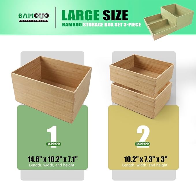 3-Piece Large Bamboo Storage Box Set, 7.1 in High Stackable Deep-Drawer Organizer for Kitchen Cutlery, Utensils & Knives, Exquisite and Durable Lidless Wooden Bin (14.6"x10.2x7.1"*1+10.2"x7.3"x3"*2)