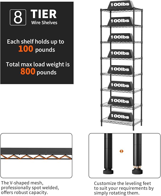 SINGAYE 8 Tier Shelf Organizer Storage Metal Shelves Garage Wire Shelving Unit Pantry Rack Adjustable Standing Storage for Kitchen Closet Laundry Bathroom Pantry 12" D x 22" W x 74" H Black