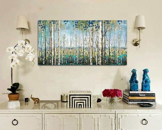 Large Wall Art Decor Green View White Birch Forest Canvas Painting Nature Plant Picture Wildlife Trees Landscape Artwork Home Living Room Bedroom Office Wall Decoration Hand-Painted Wall Art 24x48