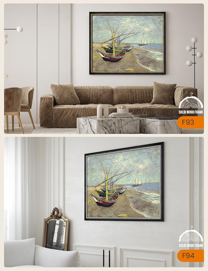 DECORARTS - Boats At Saintes Maire by Vincent Van Gogh Art Reproduction. Oversize Solid Wooden Frame Matching with Giclee Prints Canvas Wall Art. Total framed size: 43x35
