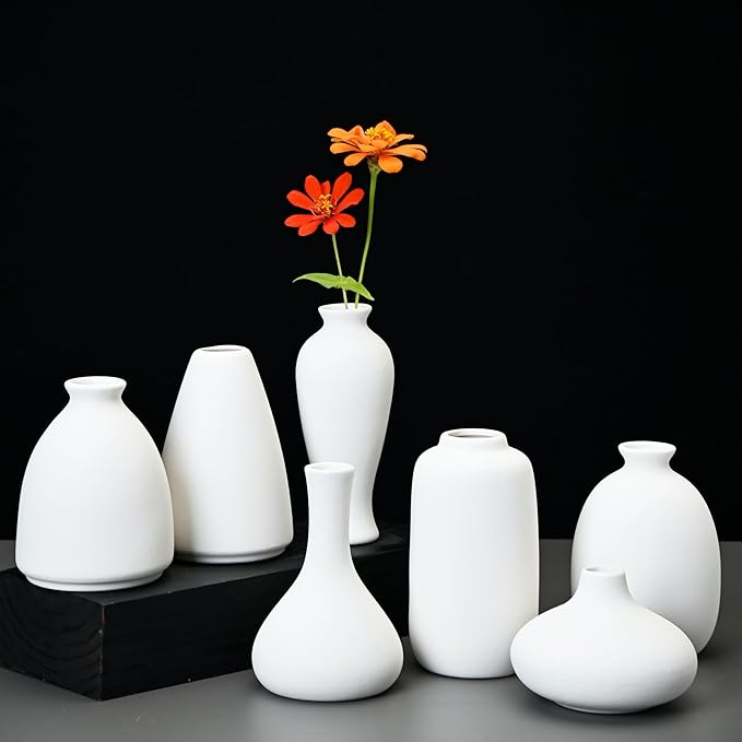 Set of 9 Ceramic Bud Vases for Pampas Grass Flowers, Small Vases in Bulk for Centerpieces Boho Vases for Wedding Decorations Neutral Living Room and Bedroom Decor DIY Gift (White)