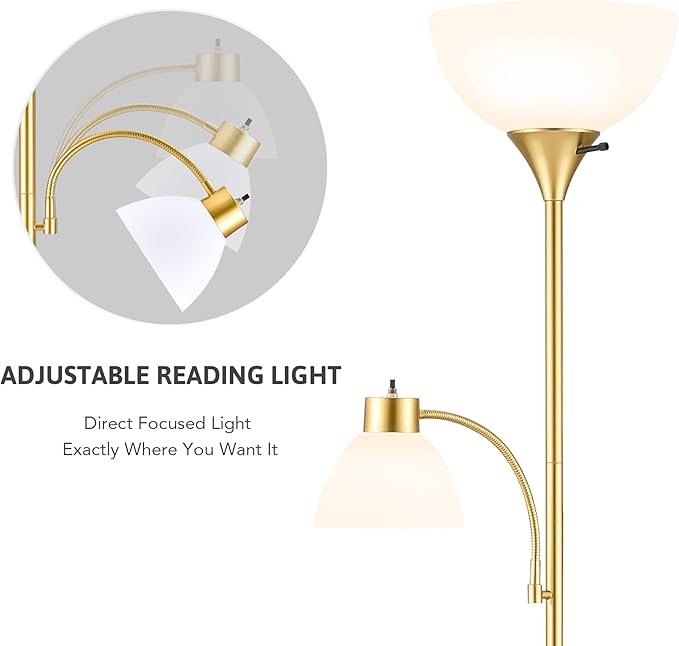 VONLUCE Torchiere Floor Lamp, 71" Standing Lamp with Adjustable Reading Lights & 2 Bulbs, 3 Color Temperatures Modern Tall Pole Lamp for Living Room Bedroom Corner, Gold