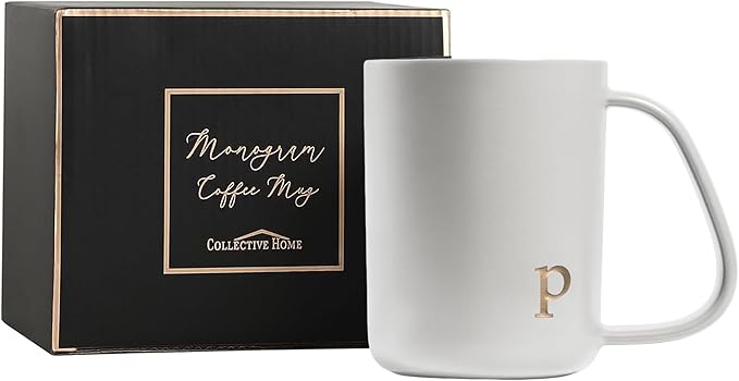 COLLECTIVE HOME - Ergonomic Handle Ceramic Mug, 15 oz Personalized Coffee Cup with Golden Initial, Microwave & Dishwasher Safe, Elegant Monogram Tea Mug in Gift Box for Home & Office (White-p)