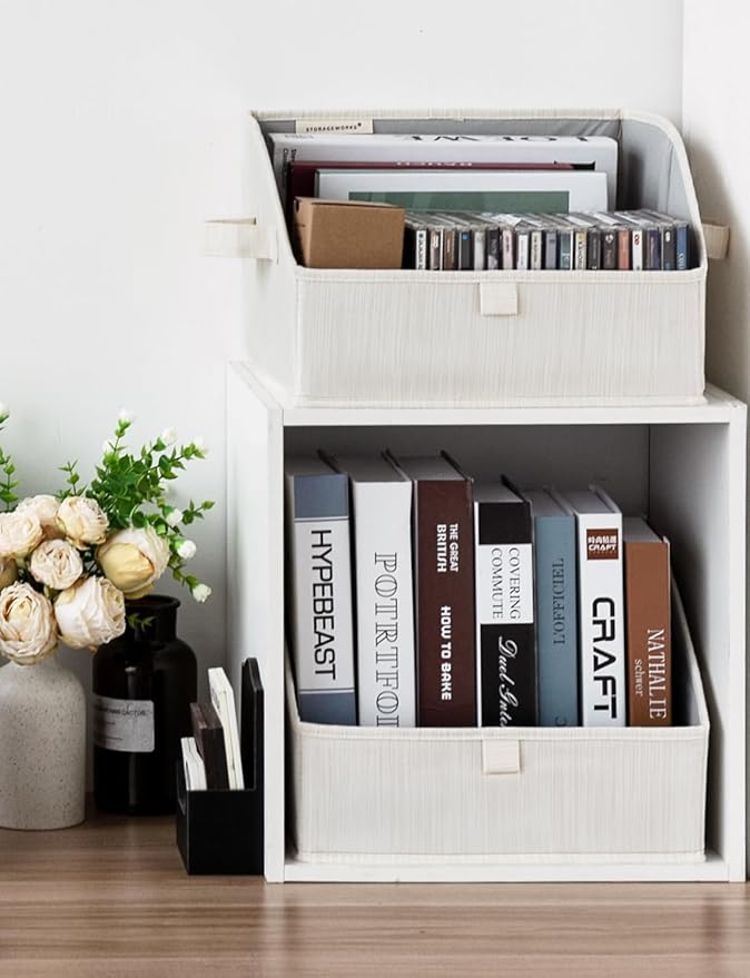 StorageWorks Closet Storage Bins, Trapezoid Organizer Box for Shelves, Fabric Clothes Bin, Foldable Organizing Baskets with Handles, Small, 3-Pack, Mixing of Beige, White & Ivory